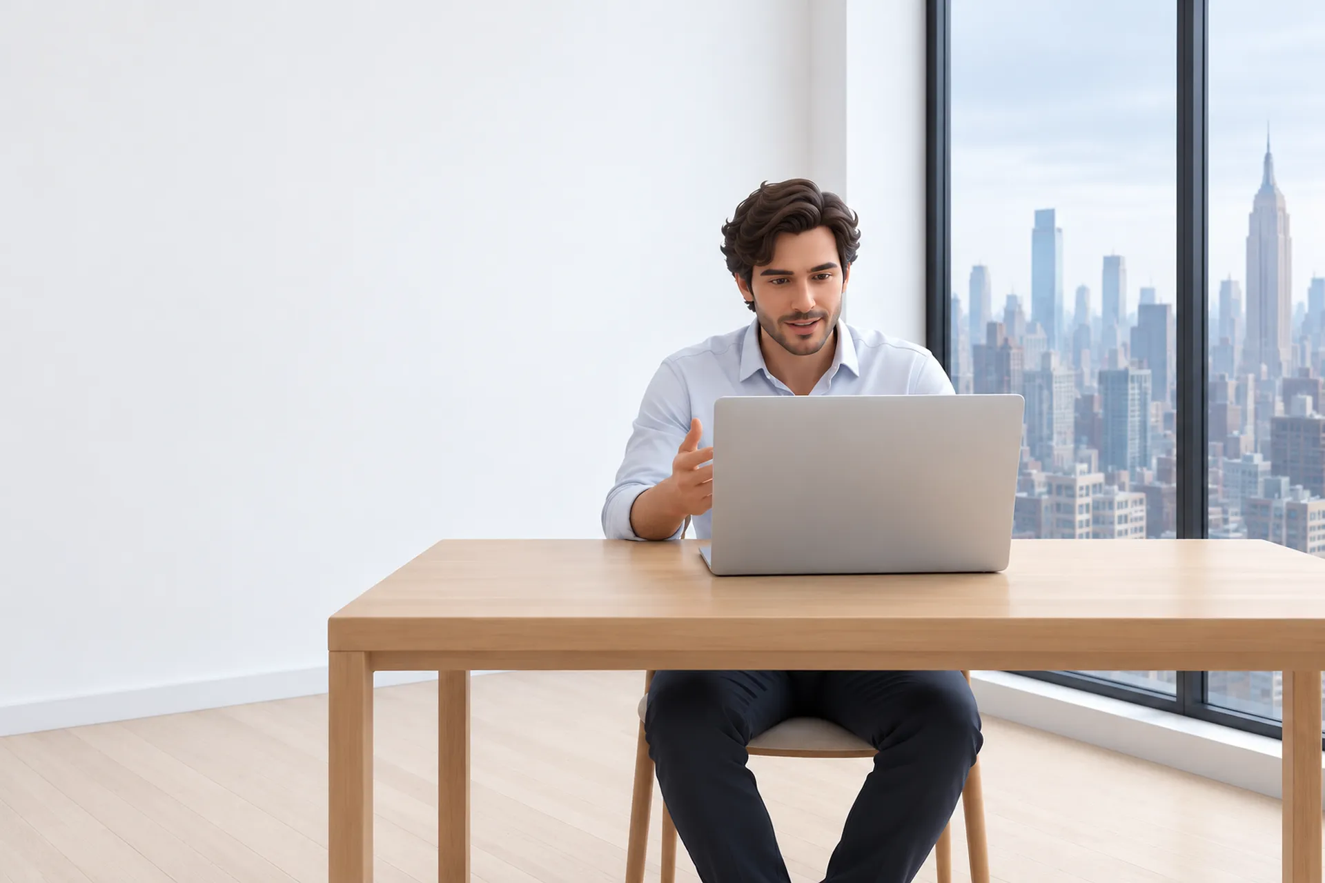 A person on a video call at a plain desk in a bright room overlooking New York.